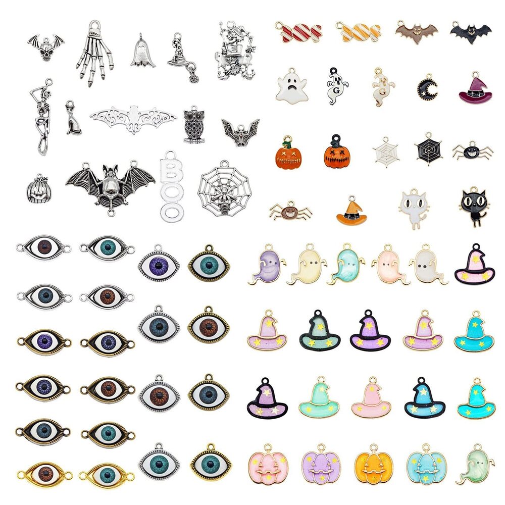 3379 80 Pieces Halloween Charms Evil Eye Bat Spider Skull Gold Silver Tone